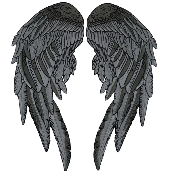 Black Gray Angel Wing Patches 14” | "Saints & Sinners" Guardian Angels Realistic Wings and Feathers | Embroidered Back Patch