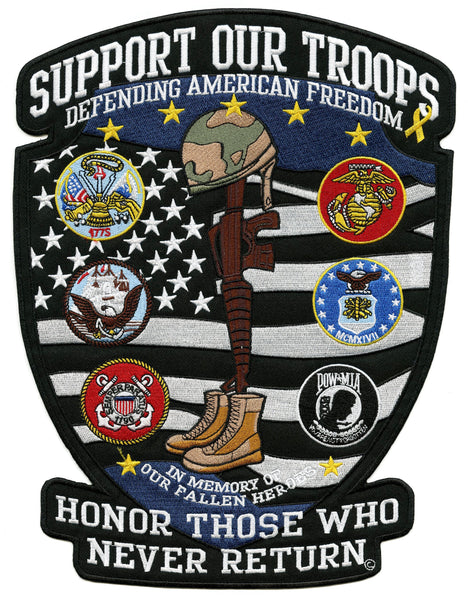Support Our Troops Patch 12" | "Honor Those Who Never Return | US Military Patriotic Army Navy Marines Veteran American Flag | Iron On Embroidered | Large