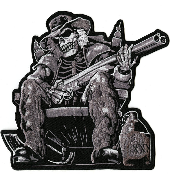Shotgun Skull Patch | Drunk Cowboy Skeleton | Embroidered Iron On | Large 8.5"
