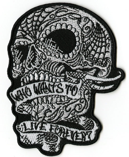 Sugar Skull Patch 4" | "Who Wants to Live Forever" Rose Skeleton Embroidered Iron On | Small
