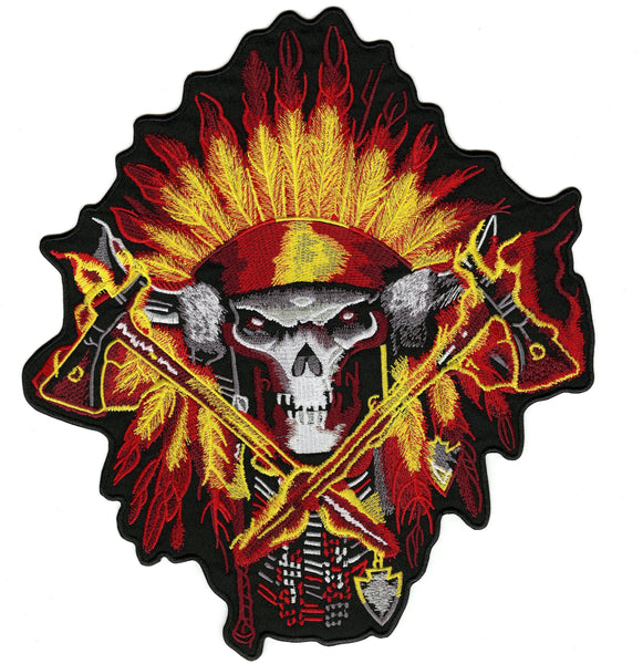 Flaming Indian Skull Patch | Viking Warrior Firefighter | Iron On Embroidered | Large 12"