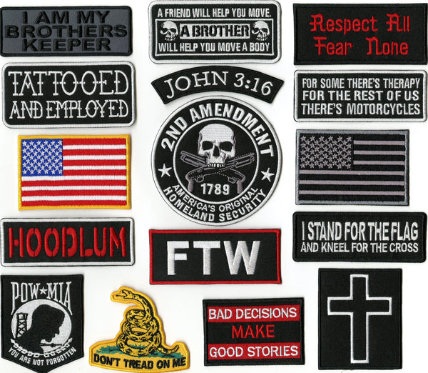 16 Pc. POW MIA | Dont Tread On Me | FTW | American Flag | Hoodlum | Cross | John 3:16  | Religious/Christian | Military Patches | Embroidered Small Patch Set