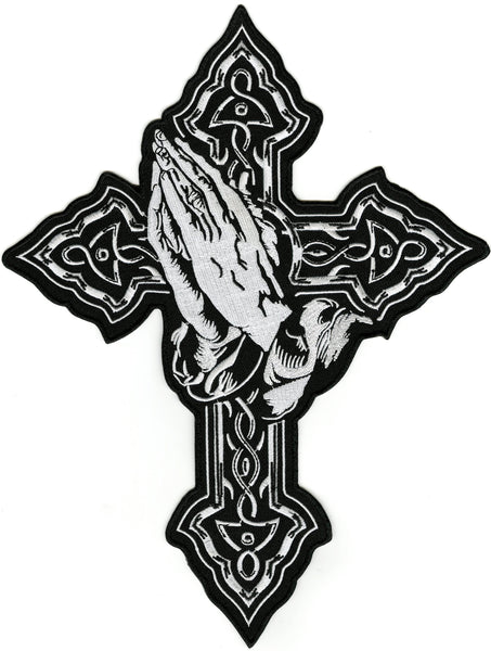 Cross Praying Hands Patch 14" | Religious Christian Catholic Celtic | Embroidered Iron On | Large