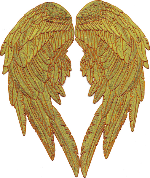 Gold Metallic Angel Wing Patches 14" | "Saints & Sinners" Realistic Wings and Feather Guardian Angels Back Patch | Embroidered Iron On | Large 2pc. Set