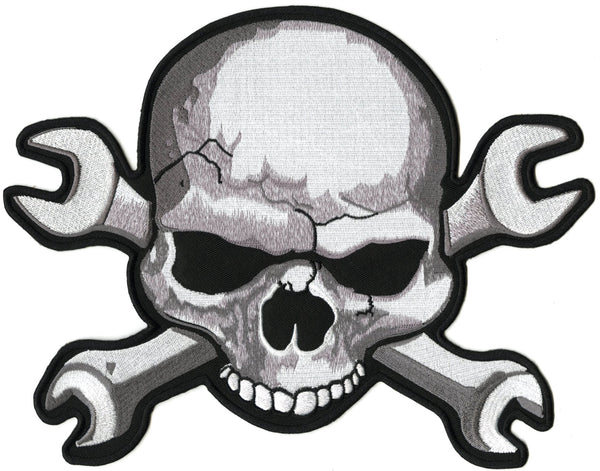 Skull & Wrench Crossbones Patch 11" | Realistic Large Skeleton Halfskull Embroidered Iron On Motorcycle Jacket Back Patch