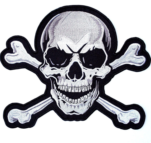 Skull & Crossbones Patch 10.5" | Realistic Skeleton Halfskull Embroidered Iron On Jacket Center Patch